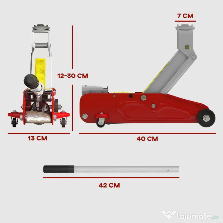 HOMCOM Cric Hidraulic cu Ridicare 12-30 cm și Capacitate 2.5 Tone, din Oțel Întărit, Roșu și Gri