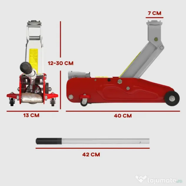 HOMCOM Cric Hidraulic cu Ridicare 12-30 cm și Capacitate 2.5 Tone, din Oțel Întărit, Roșu și Gri