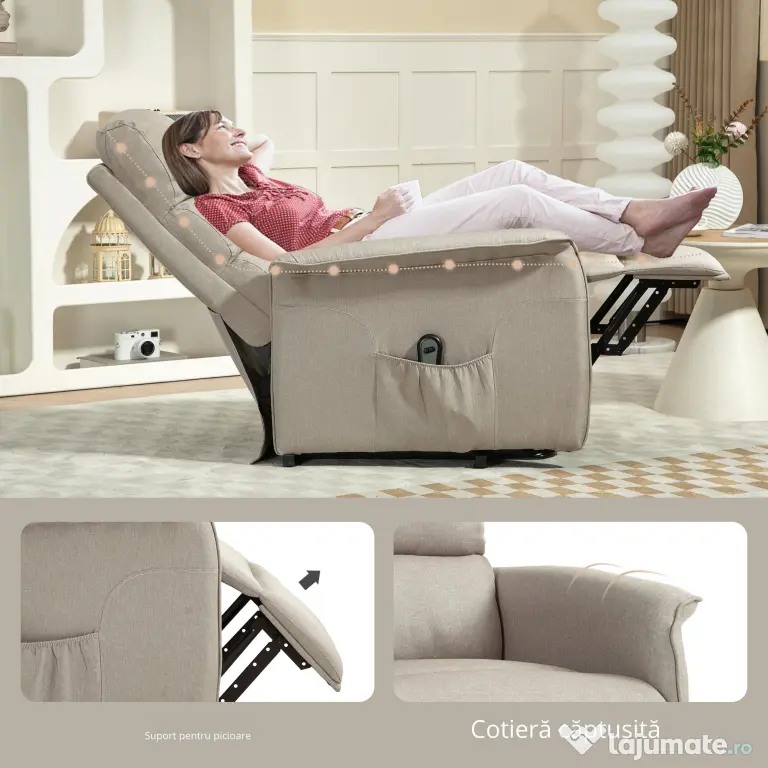 HOMCOM Scaun Electric Rabatabil cu Taburet, Fotoliu Relax cu Telecomandă, Roți și Buzunar, 66x90x96 cm, Bej | Aosom Romania