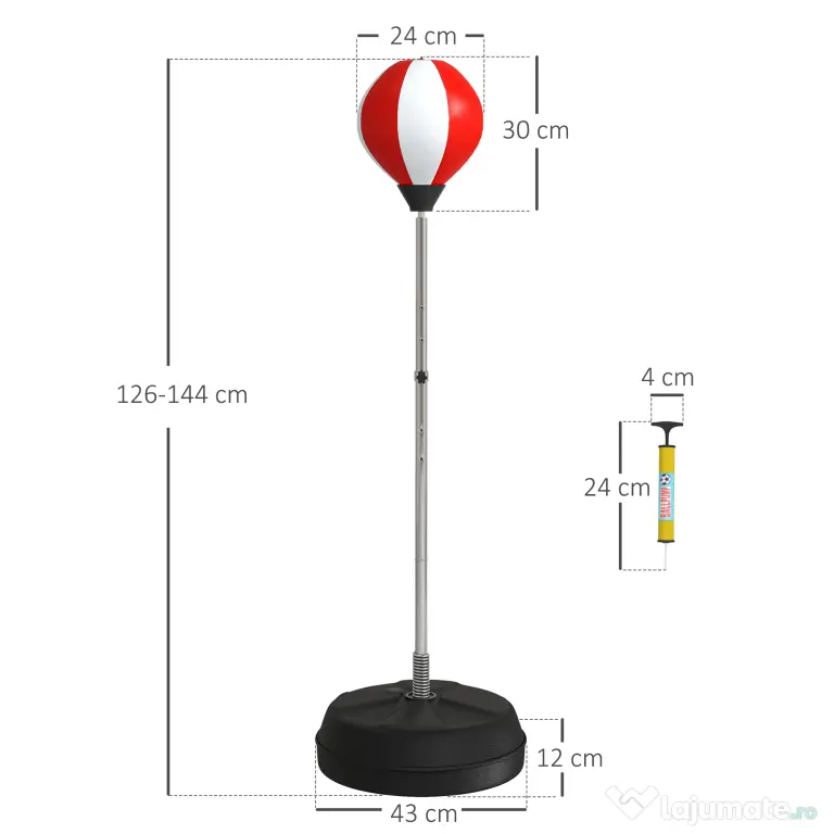 HOMCOM Sac de Box de Podea cu Înălțime Reglabilă, Mănuși de Box și Bază Umplută, 43x43x126-144 cm, Roșu și Alb