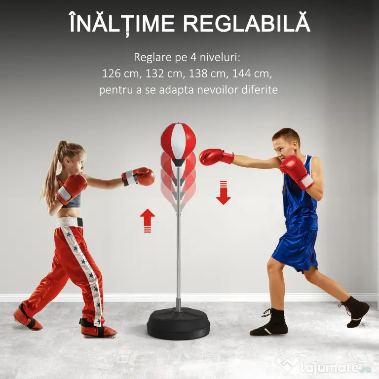 HOMCOM Sac de Box de Podea cu Înălțime Reglabilă, Mănuși de Box și Bază Umplută, 43x43x126-144 cm, Roșu și Alb