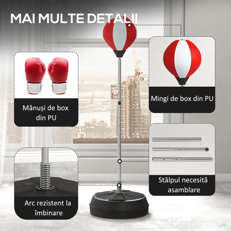 HOMCOM Sac de Box de Podea cu Înălțime Reglabilă, Mănuși de Box și Bază Umplută, 43x43x126-144 cm, Roșu și Alb