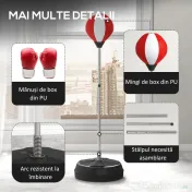HOMCOM Sac de Box de Podea cu Înălțime Reglabilă, Mănuși de Box și Bază Umplută, 43x43x126-144 cm, Roșu și Alb 