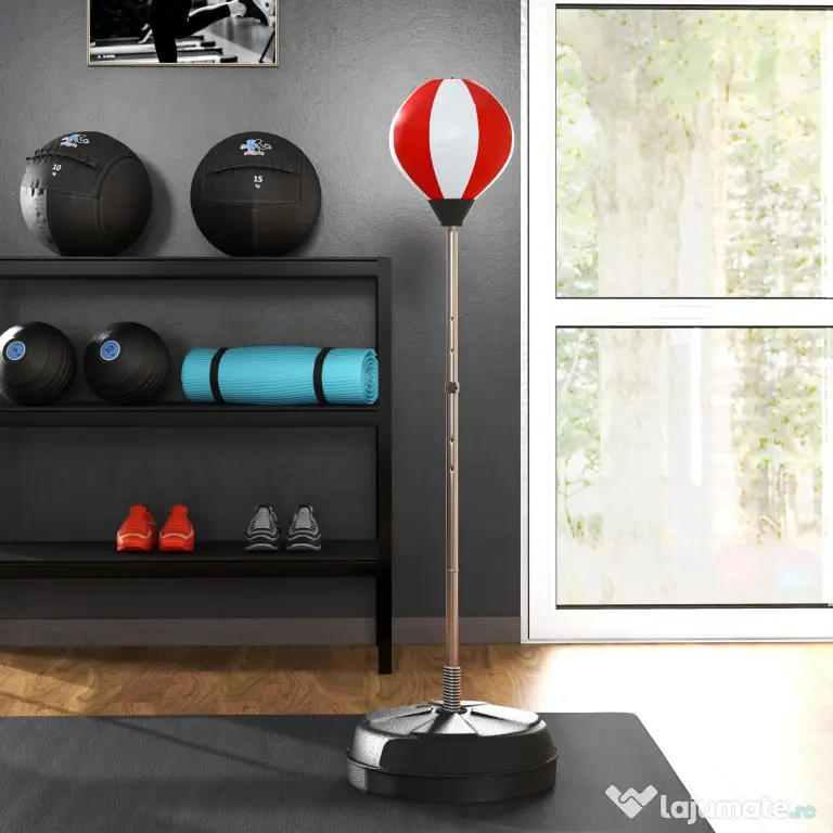 HOMCOM Sac de Box de Podea cu Înălțime Reglabilă, Mănuși de Box și Bază Umplută, 43x43x126-144 cm, Roșu și Alb