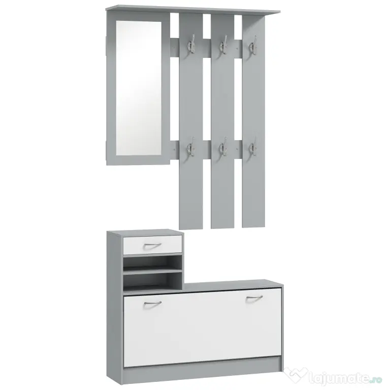 HOMCOM Set de Mobilier pentru Hol cu Raft pentru Pantofi, Oglindă și 2 rafturi Reglabile, 90x24x177 cm, Gri | Aosom Romania