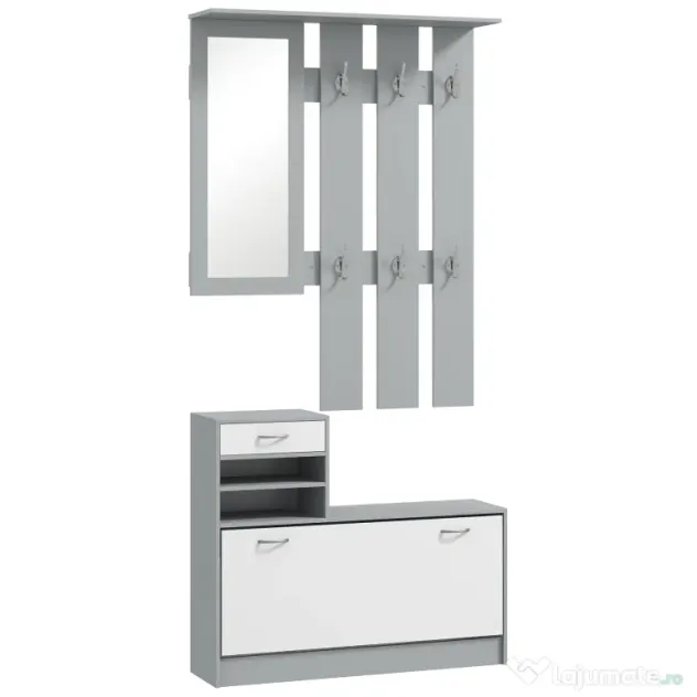 HOMCOM Set de Mobilier pentru Hol cu Raft pentru Pantofi, Oglindă și 2 rafturi Reglabile, 90x24x177 cm, Gri | Aosom Romania