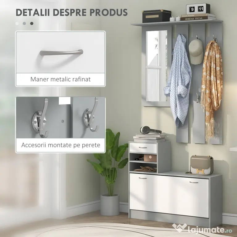 HOMCOM Set de Mobilier pentru Hol cu Raft pentru Pantofi, Oglindă și 2 rafturi Reglabile, 90x24x177 cm, Gri | Aosom Romania