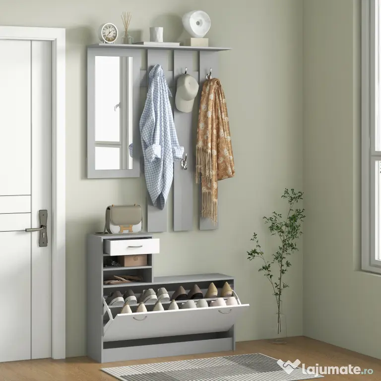 HOMCOM Set de Mobilier pentru Hol cu Raft pentru Pantofi, Oglindă și 2 rafturi Reglabile, 90x24x177 cm, Gri | Aosom Romania