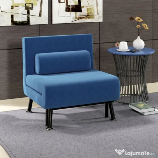 HOMCOM Fotoliu Convertibil în Pat din Fier și Bumbac cu Pernă cu Dungi, 75x70x75 cm, Albastru | Aosom Romania