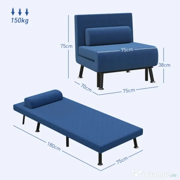 HOMCOM Fotoliu Convertibil în Pat din Fier și Bumbac cu Pernă cu Dungi, 75x70x75 cm, Albastru | Aosom Romania
