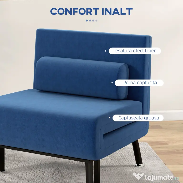 HOMCOM Fotoliu Convertibil în Pat din Fier și Bumbac cu Pernă cu Dungi, 75x70x75 cm, Albastru | Aosom Romania