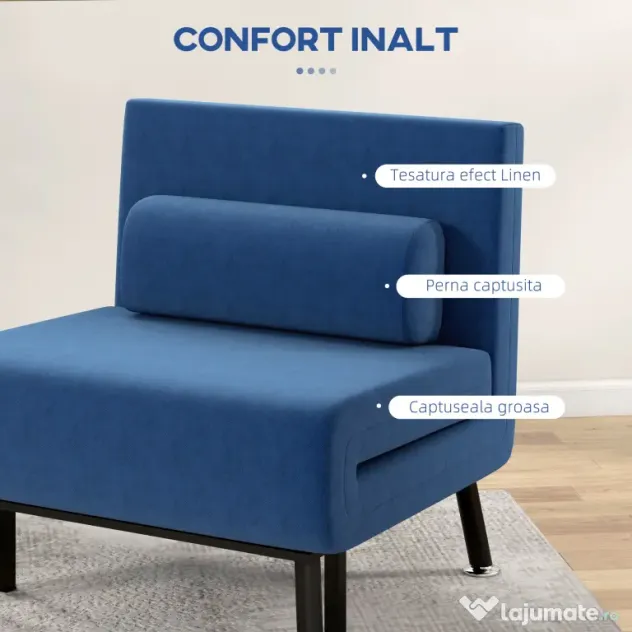 HOMCOM Fotoliu Convertibil în Pat din Fier și Bumbac cu Pernă cu Dungi, 75x70x75 cm, Albastru | Aosom Romania