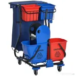 HOMCOM Cărucior de Curățenie cu Sac pentru Gunoi, 4 Găleți și Storcător pentru Mop, 93x80x97 cm, Roșu, Albastru și Negru