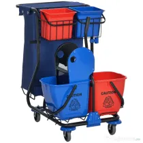 HOMCOM Cărucior de Curățenie cu Sac pentru Gunoi, 4 Găleți și Storcător pentru Mop, 93x80x97 cm, Roșu, Albastru și Negru