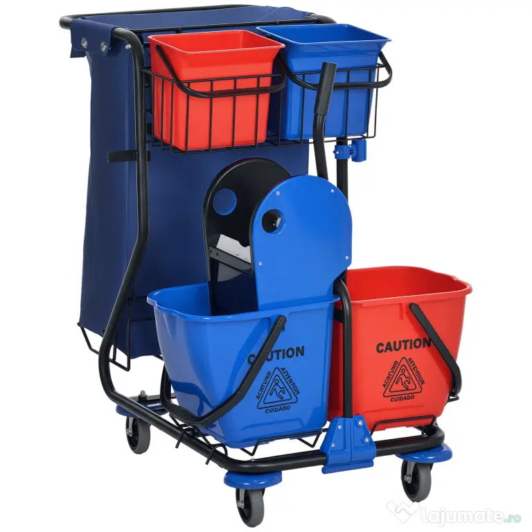 HOMCOM Cărucior pentru Curățenie cu Sac pentru Gunoi, 2 Găleți de 18L, 2 Găleți de 6L și Storcător, 93x80x97 cm, Roșu | Aosom Romania