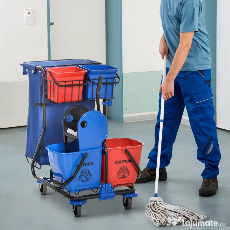HOMCOM Cărucior pentru Curățenie cu Sac pentru Gunoi, 2 Găleți de 18L, 2 Găleți de 6L și Storcător, 93x80x97 cm, Roșu | Aosom Romania