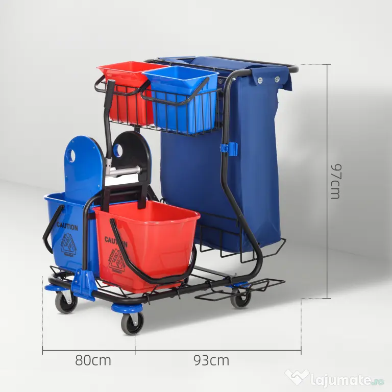 HOMCOM Cărucior pentru Curățenie cu Sac pentru Gunoi, 2 Găleți de 18L, 2 Găleți de 6L și Storcător, 93x80x97 cm, Roșu | Aosom Romania