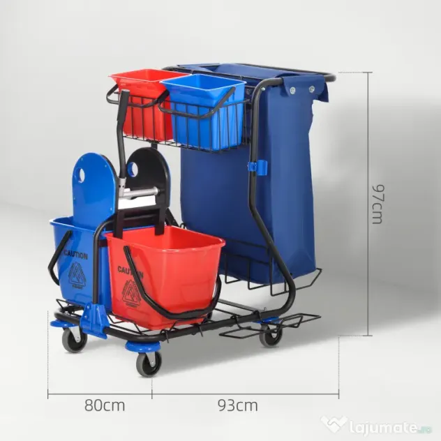HOMCOM Cărucior pentru Curățenie cu Sac pentru Gunoi, 2 Găleți de 18L, 2 Găleți de 6L și Storcător, 93x80x97 cm, Roșu | Aosom Romania