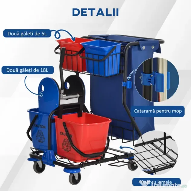 HOMCOM Cărucior pentru Curățenie cu Sac pentru Gunoi, 2 Găleți de 18L, 2 Găleți de 6L și Storcător, 93x80x97 cm, Roșu | Aosom Romania