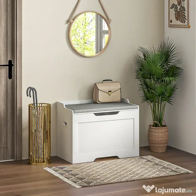 HOMCOM Bancă de Depozitare cu Pernă din Material Textil, Bancă Multifuncțională cu Balama de Siguranță, 75x40x56 cm, Alb | Aosom Romania