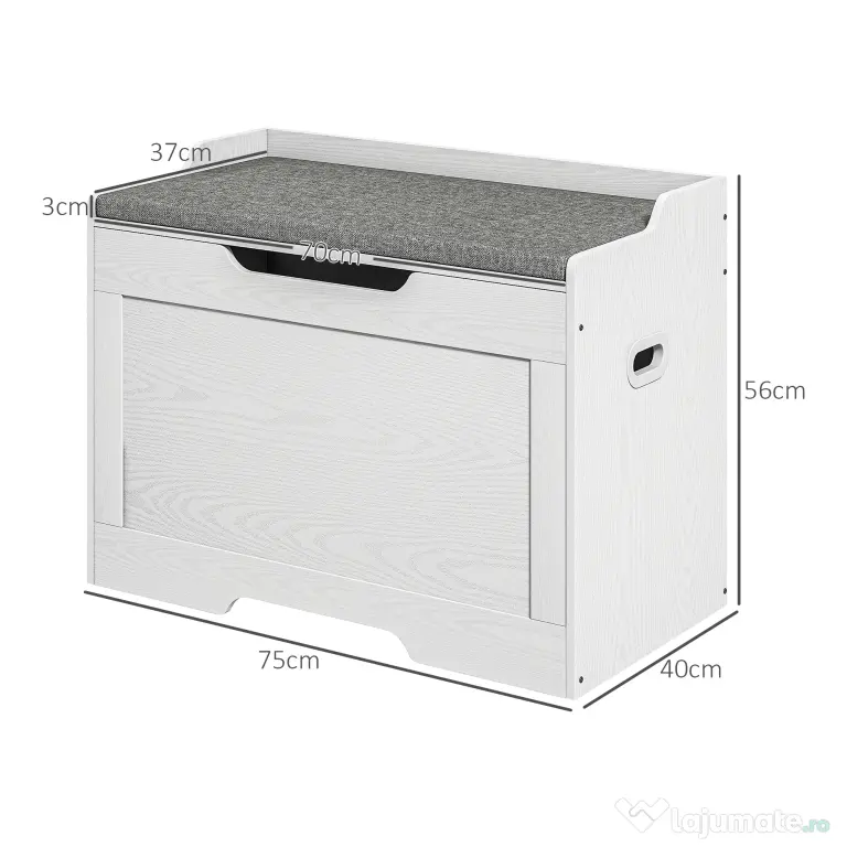 HOMCOM Bancă de Depozitare cu Pernă din Material Textil, Bancă Multifuncțională cu Balama de Siguranță, 75x40x56 cm, Alb | Aosom Romania