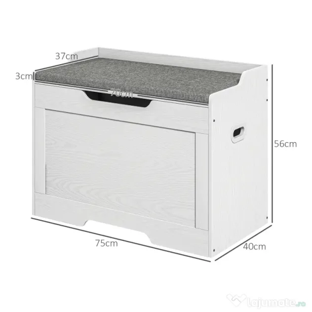 HOMCOM Bancă de Depozitare cu Pernă din Material Textil, Bancă Multifuncțională cu Balama de Siguranță, 75x40x56 cm, Alb | Aosom Romania