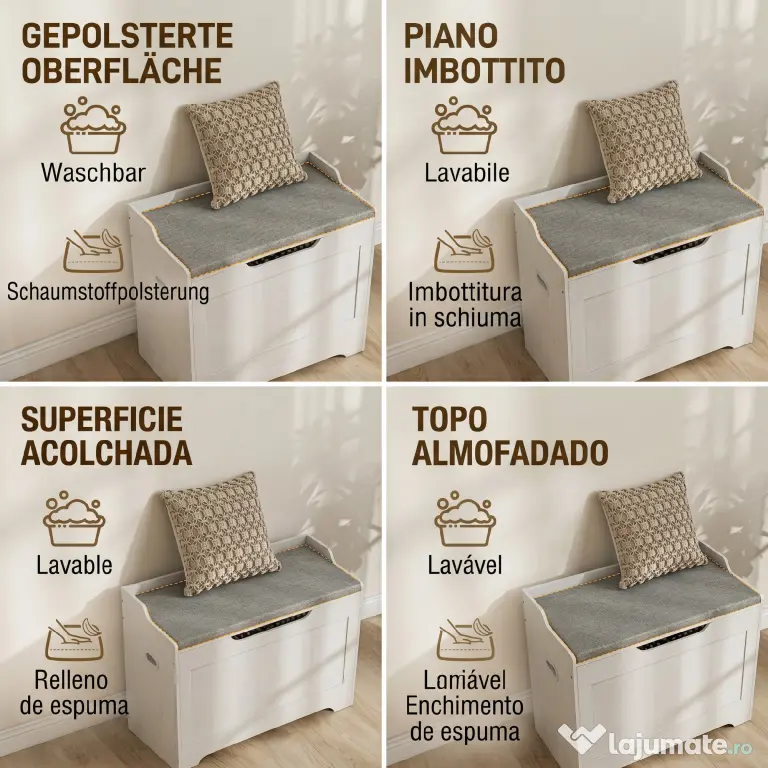 HOMCOM Bancă de Depozitare cu Pernă din Material Textil, Bancă Multifuncțională cu Balama de Siguranță, 75x40x56 cm, Alb | Aosom Romania