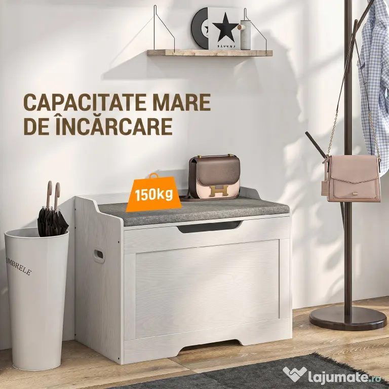 HOMCOM Bancă de Depozitare cu Pernă din Material Textil, Bancă Multifuncțională cu Balama de Siguranță, 75x40x56 cm, Alb | Aosom Romania