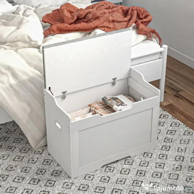 HOMCOM Bancă de Depozitare cu Pernă din Material Textil, Bancă Multifuncțională cu Balama de Siguranță, 75x40x56 cm, Alb | Aosom Romania