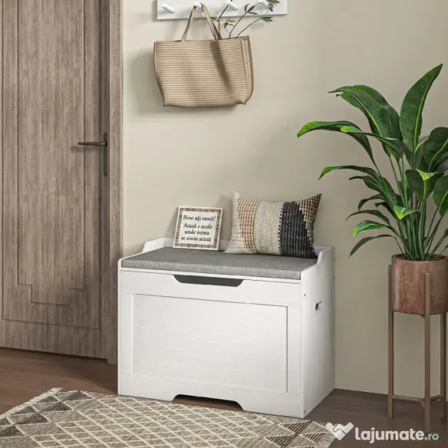 HOMCOM Bancă de Depozitare cu Pernă din Material Textil, Bancă Multifuncțională cu Balama de Siguranță, 75x40x56 cm, Alb | Aosom Romania