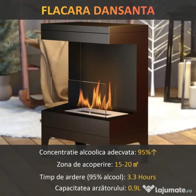 HOMCOM Șemineu pe Bioetanol Autoportant cu Arzător de 0,9L și Durată de 3,3 Ore, 38x22x54 cm, Negru