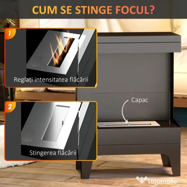 HOMCOM Șemineu pe Bioetanol Autoportant cu Arzător de 0,9L și Durată de 3,3 Ore, 38x22x54 cm, Negru