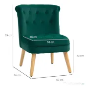 HOMCOM Fotoliu cu Șezut Căptușit, Picioare din Lemn și Material Efect de Catifea, 60x66x79 cm, Verde | Aosom Romania