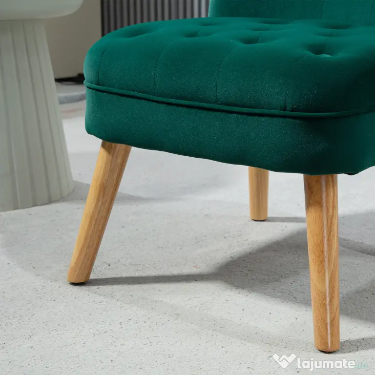 HOMCOM Fotoliu cu Șezut Căptușit, Picioare din Lemn și Material Efect de Catifea, 60x66x79 cm, Verde | Aosom Romania