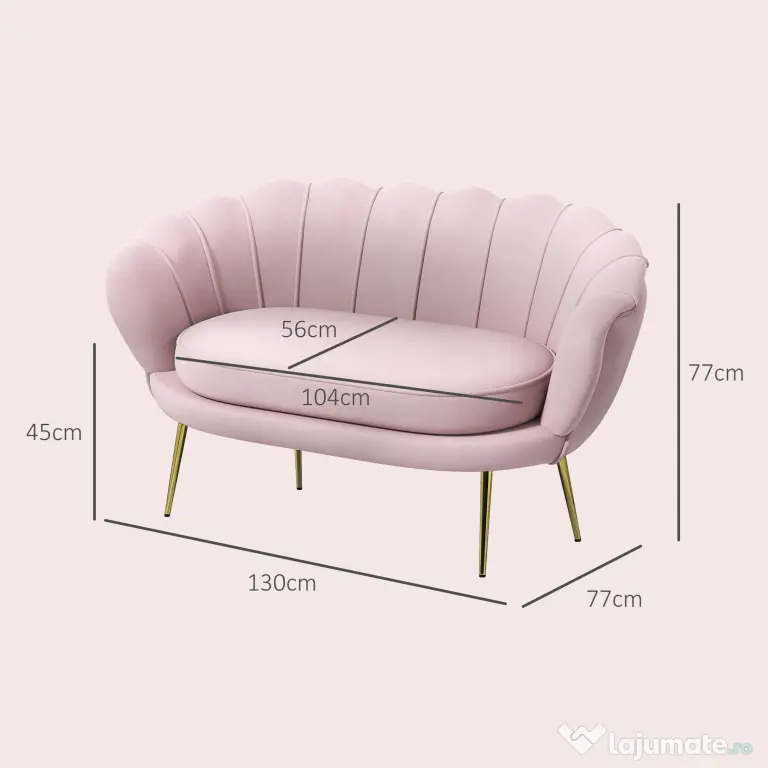 HOMCOM Canapea de 2 Locuri cu Brațe, Canapea Modernă cu Șezut Căptușit pentru Dormitor și Sufragerie, 130x77x77 cm, Roz | Aosom Romania
