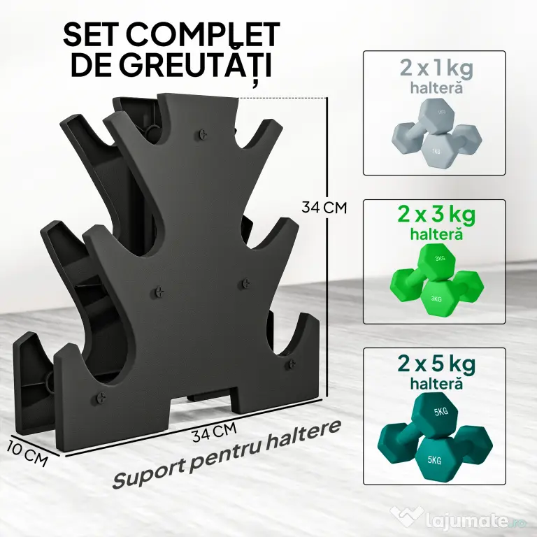 SPORTNOW Set de greutăți hexagonale, greutate totală de 18 kg, cu suport inclus, din oțel, metal și plastic, multicolor | Aosom Romania