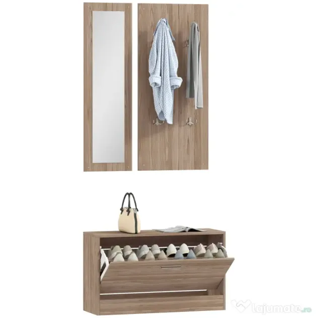 HOMCOM Set Mobilier Hol cu Bancă Pantofar, Cuier și Oglindă din Lemn | Aosom Romania