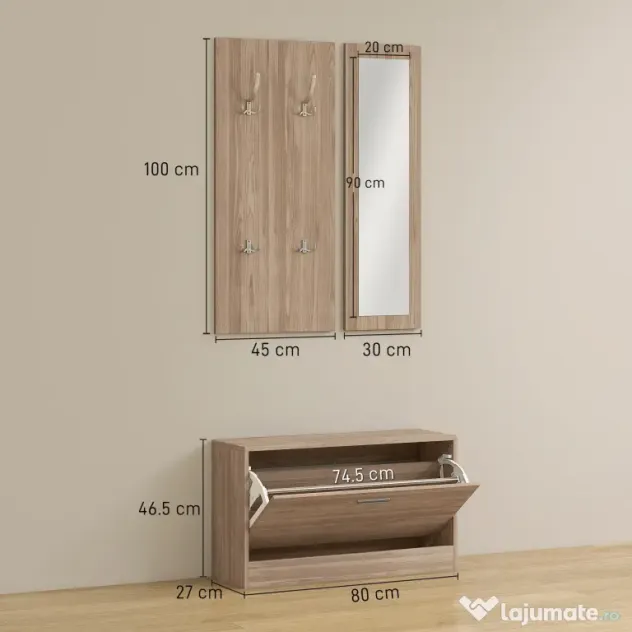 HOMCOM Set Mobilier Hol cu Bancă Pantofar, Cuier și Oglindă din Lemn | Aosom Romania