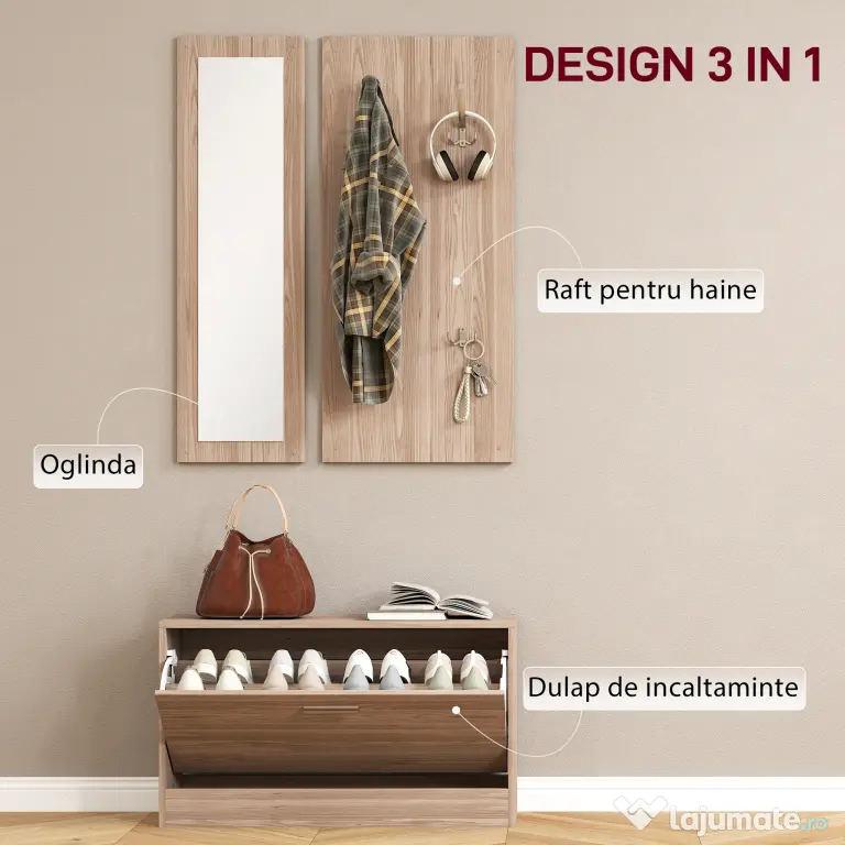 HOMCOM Set Mobilier Hol cu Bancă Pantofar, Cuier și Oglindă din Lemn | Aosom Romania