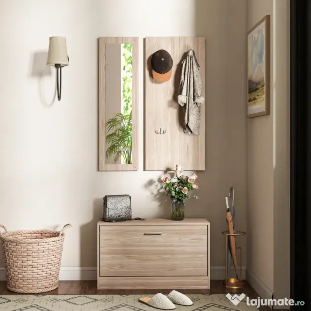 HOMCOM Set Mobilier Hol cu Bancă Pantofar, Cuier și Oglindă din Lemn | Aosom Romania