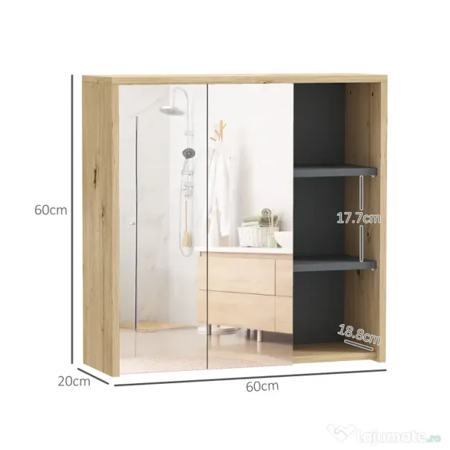 HOMCOM Dulap de Baie cu Oglindă și 2 Uși, 60x20x60 cm, Compartiment Deschis, Natur | Aosom Romania
