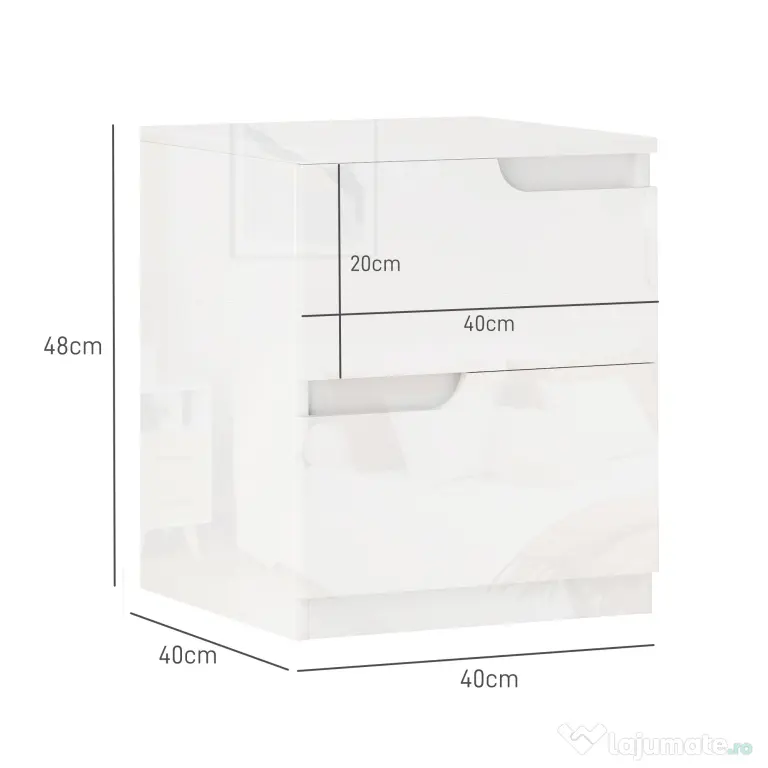 HOMCOM Noptieră Modernă cu 2 Sertare și Design Lucios, Noptieră pentru Dormitor din PAL, 40x40x48 cm, Alb Lucios | Aosom Romania