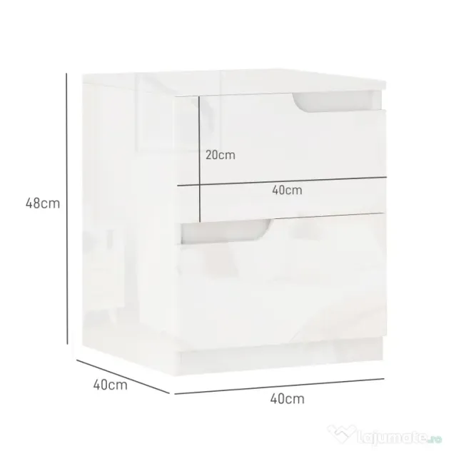 HOMCOM Noptieră Modernă cu 2 Sertare și Design Lucios, Noptieră pentru Dormitor din PAL, 40x40x48 cm, Alb Lucios | Aosom Romania