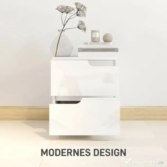 HOMCOM Noptieră Modernă cu 2 Sertare și Design Lucios, Noptieră pentru Dormitor din PAL, 40x40x48 cm, Alb Lucios | Aosom Romania