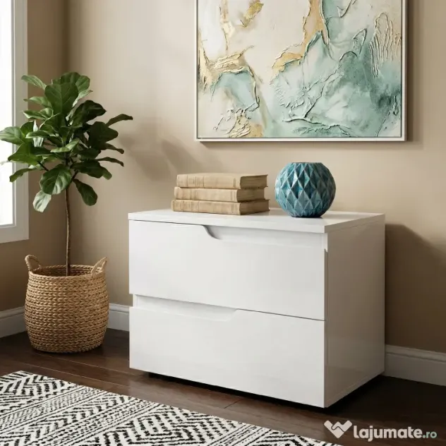 HOMCOM Noptieră Modernă cu 2 Sertare și Design Lucios, Noptieră pentru Dormitor din PAL, 40x40x48 cm, Alb Lucios | Aosom Romania