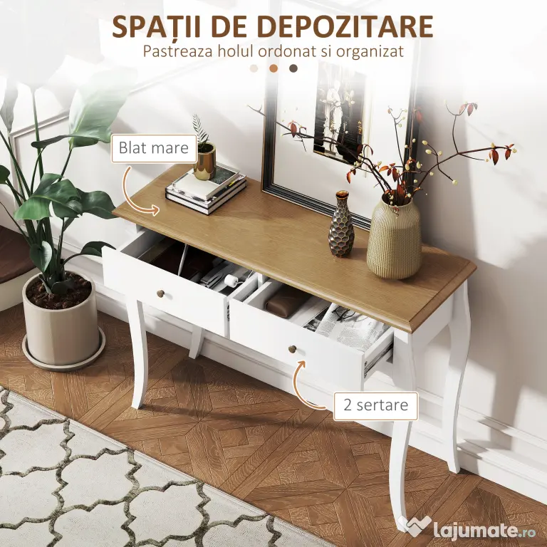 HOMCOM Masă Consolă Modernă cu 2 Sertare, Consolă de Intrare din MDF și PAL, 100x35x76,5 cm, Alb | Aosom Romania