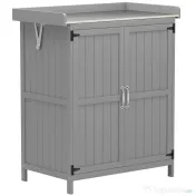 Outsunny Dulap de Exterior, Dulap pentru Ustensile cu Blat din Metal și Raft, Banc de Lucru din Lemn cu 2 Uși pentru Grădină, Terasă, Curte, Gri | Aosom Romania