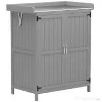 Outsunny Dulap de Exterior, Dulap pentru Ustensile cu Blat din Metal și Raft, Banc de Lucru din Lemn cu 2 Uși pentru Grădină, Terasă, Curte, Gri | Aosom Romania