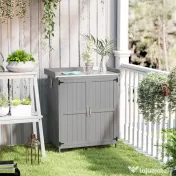 Outsunny Dulap de Exterior, Dulap pentru Ustensile cu Blat din Metal și Raft, Banc de Lucru din Lemn cu 2 Uși pentru Grădină, Terasă, Curte, Gri | Aosom Romania