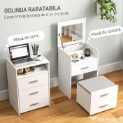 HOMCOM Masă de Machiaj Alb Masă de Toaletă cu Oglindă Rabatabilă, Taburet Detașabil și Lavabil, 50x41.5x75 cm | Aosom Romania
